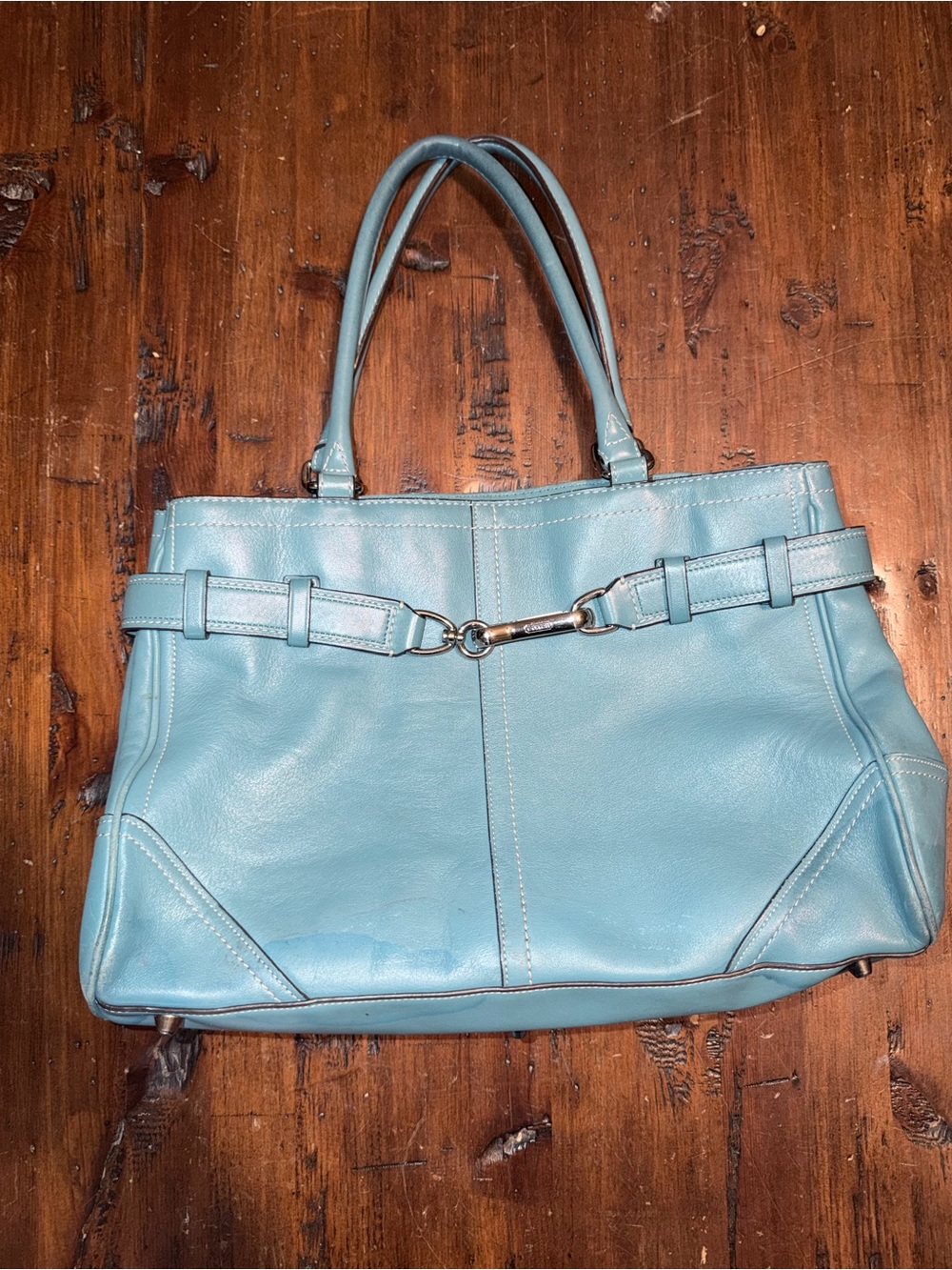 Women’s Light Blue Leather Tote Bag with Horsebit Accent